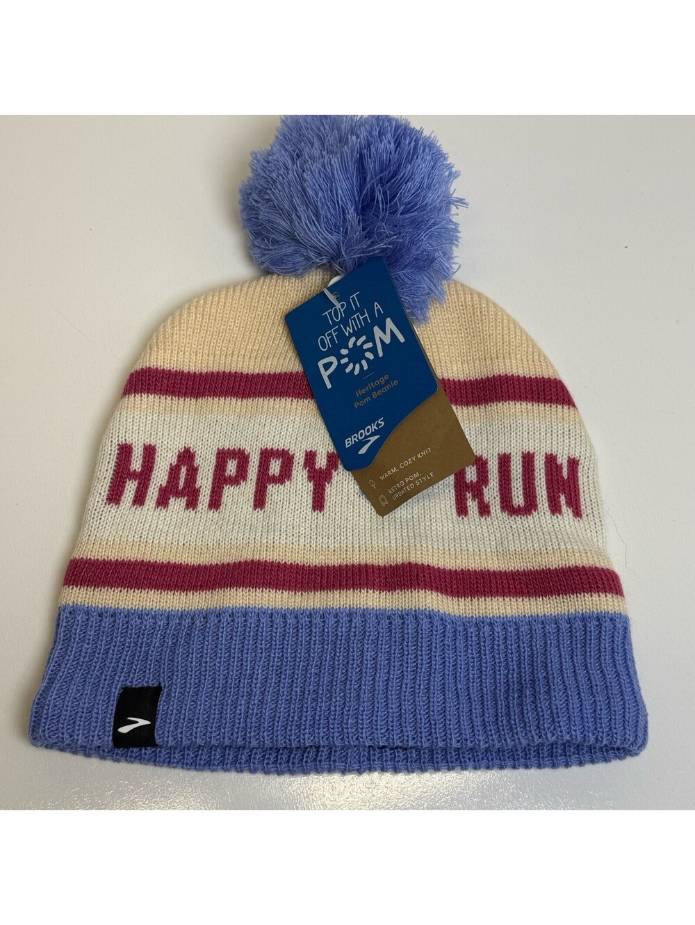 BROOKS Run Happy Heritage Pom Beanie Logo Blue Sand One Size Fits All